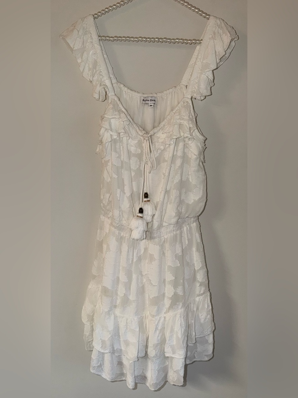Karina Grimaldi Paloma Eyelet Lace Mini Dress Size M White Boho Tassel
